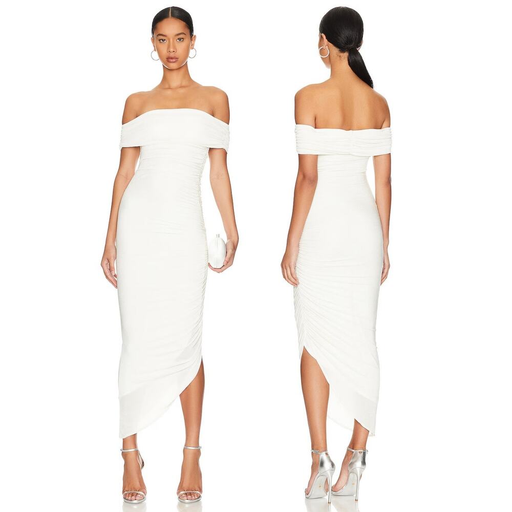 MISHA Keoni Slinky Midi Dress Off Shoulder Ruched Cocktail Bridal Party Formal S
